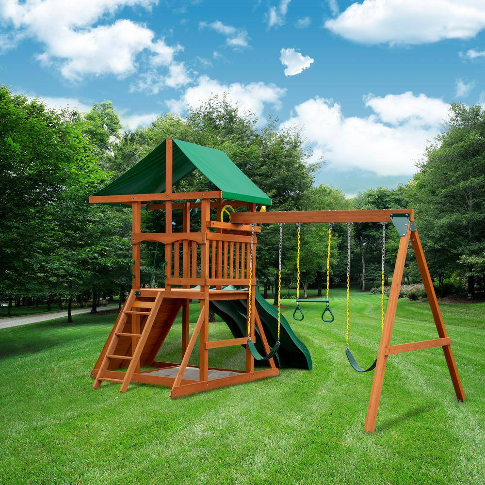 Gorilla Playsets DIY Outing III Wooden Outdoor Playset with Canopy Roof 2 Wave Slides Rock Wall and Backyard Swing Set Accessories 01-1070