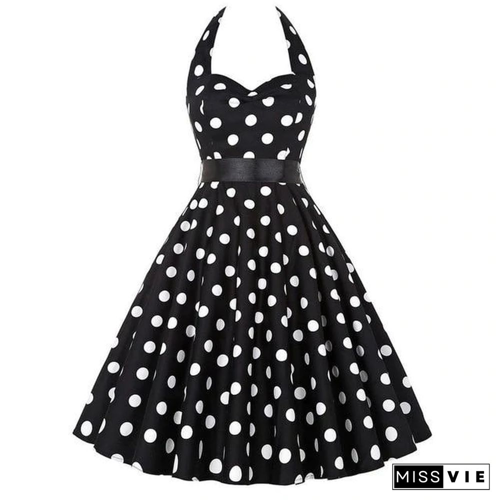 Sexy Halter Party Dress Retro Polka Dot Vintage Dresses Elegant Midi Dress