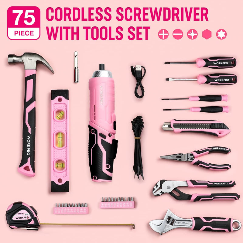 WORKPRO 75-Piece Pink Tools Set， 3.7V Rotatable Cordless Screwdriver