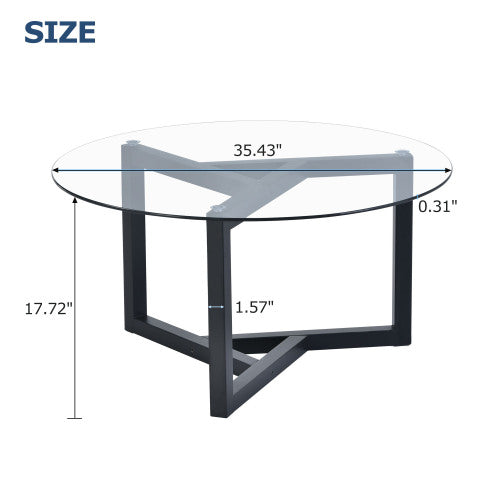 Round Glass Coffee Table for Living Room, Sofa Table Cocktail Table with Tempered Glass Top & Sturdy Wood Base，Black