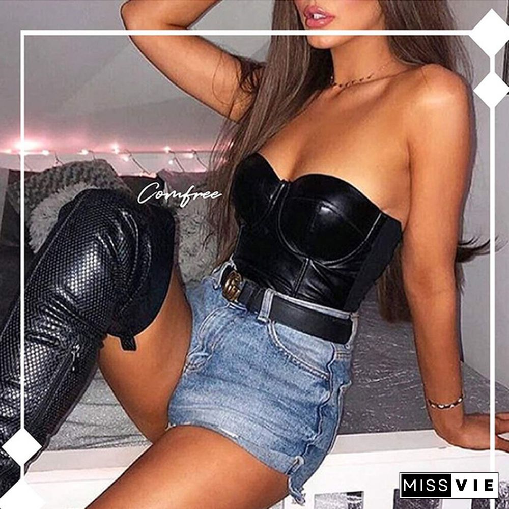 Plus Size PU Leather Crop Top Gothic Punk Push Up Women's Korsett Top Bra Black Club Party Crop Top Racer Sports