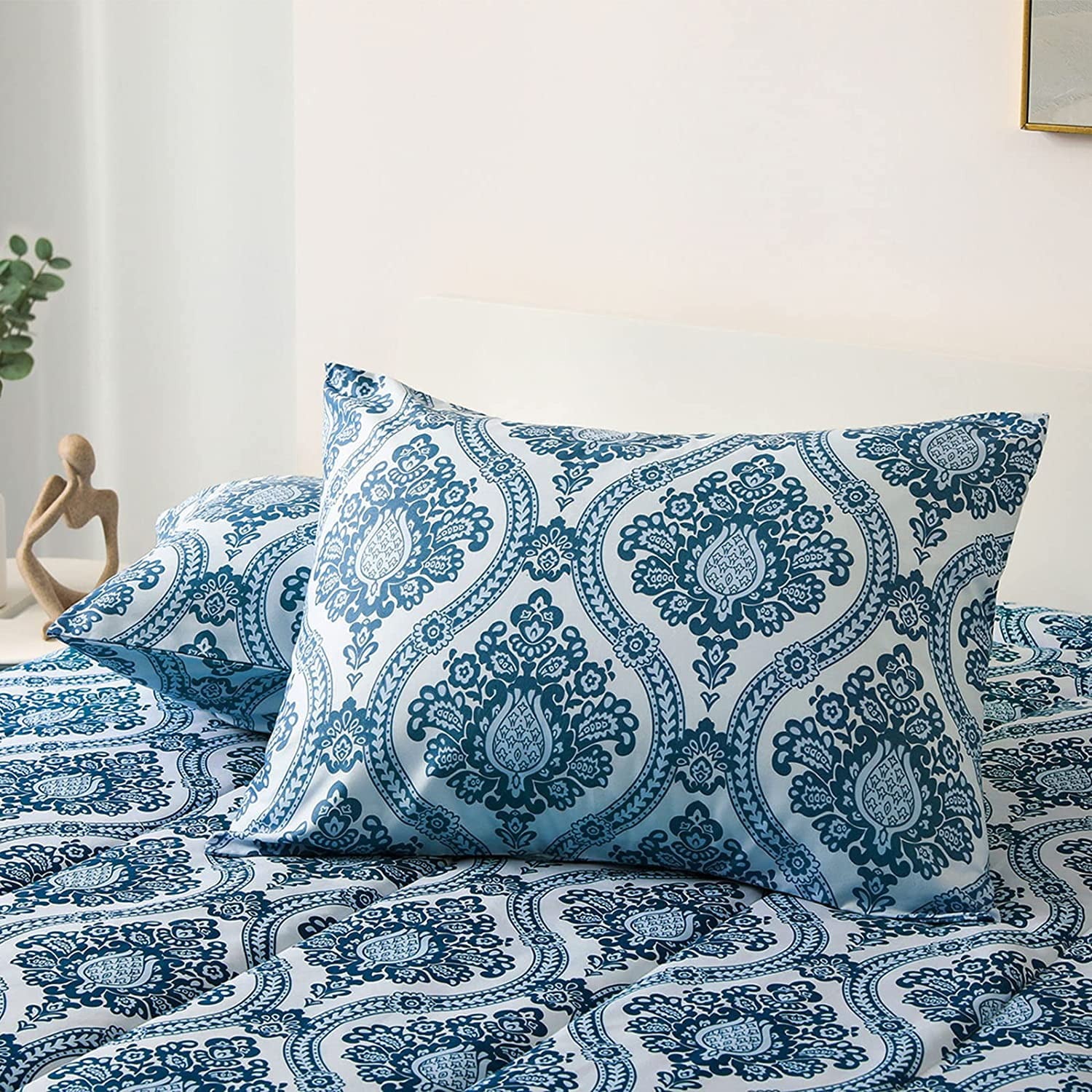 Exclusivo Mezcla 2-Piece Boho Damask Twin Comforter Set， Microfiber Bedding Down Alternative Comforter for All Seasons with 1 Pillow Sham， Navy Blue