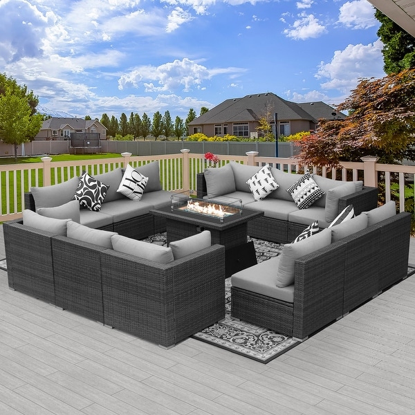 Nicesoul Outdoor Grey Wicker Sectional Furniture Patio Sofa Set with Firepit Table