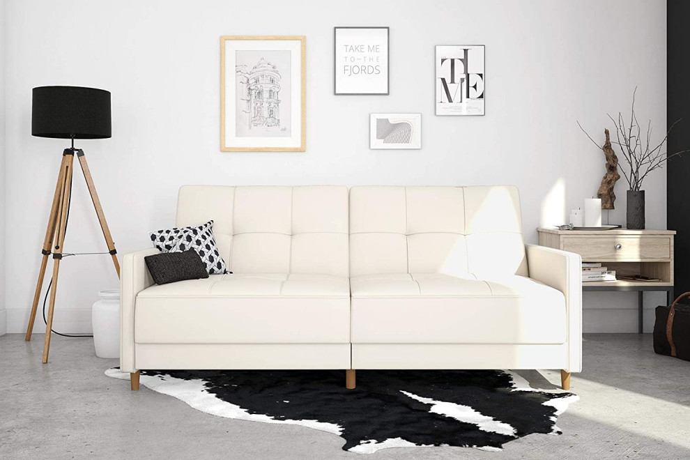 Mid Century Modern Sofa Bed  Faux Leather Upholstery With Deep Tufting  White   Contemporary   Sofas   by Decor Love  Houzz