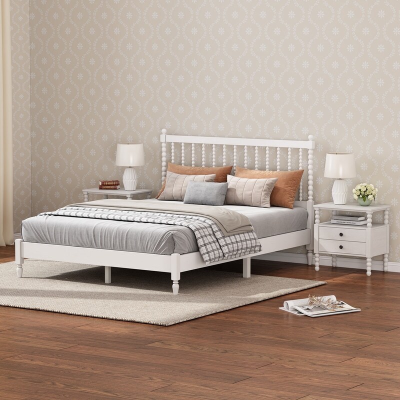 Classic 1/3 Pieces Bedroom Sets  Queen/King Size Wood Platform Bed with Gourd Shaped Headboard and Two 2 Drawer Nightstands