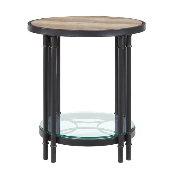 Ley 22 Inch Wood End Table， Industrial Design， Tempered Glass， Oak