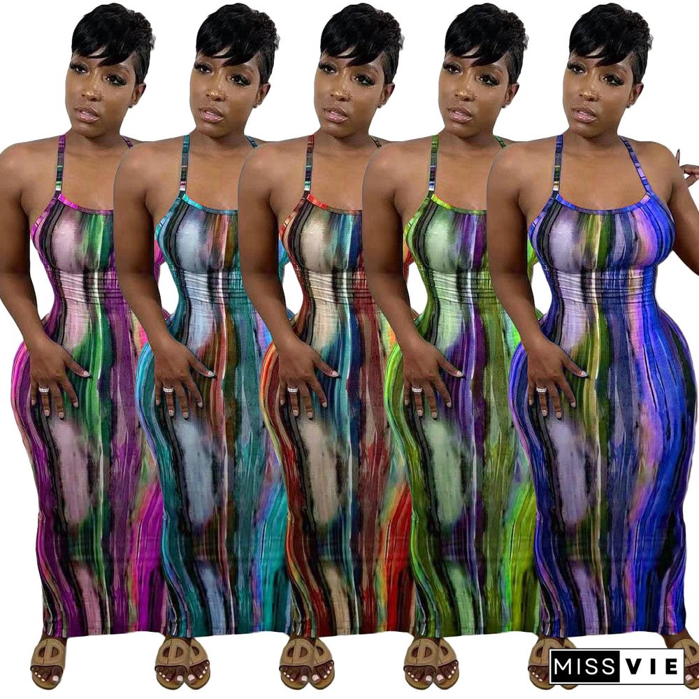 Tie Dye Print Women Strap Sleeveless Bodycon Long Dress