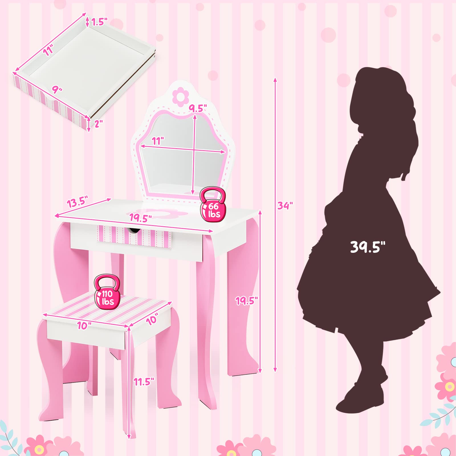 Costzon Kids Vanity, Girls Vanity Set with Mirror and Stool