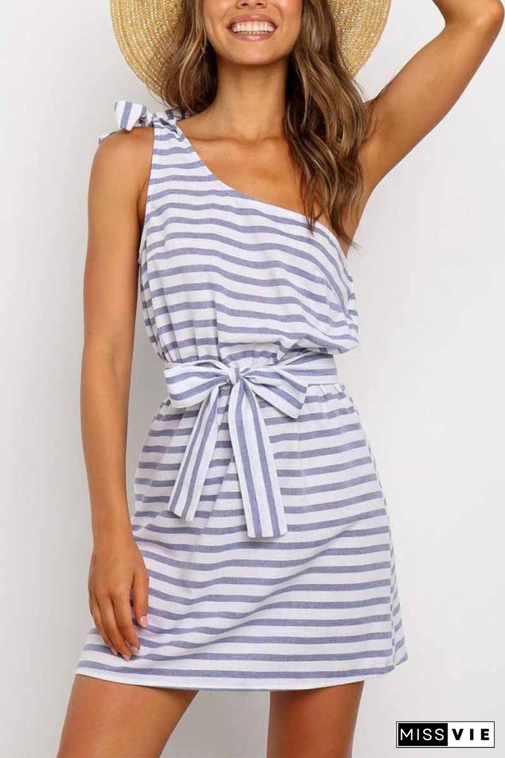 Summer Sexy One-Shoulder Lace-Up Stripes Mini Dress