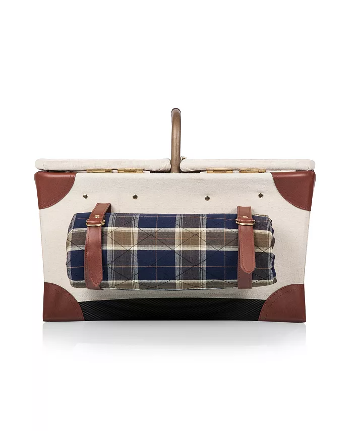 Picnic Time Pioneer Plaid-Accented Tan Picnic Basket