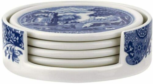 Spode Blue Italian 4 Piece Ceramic Coasters with Holder