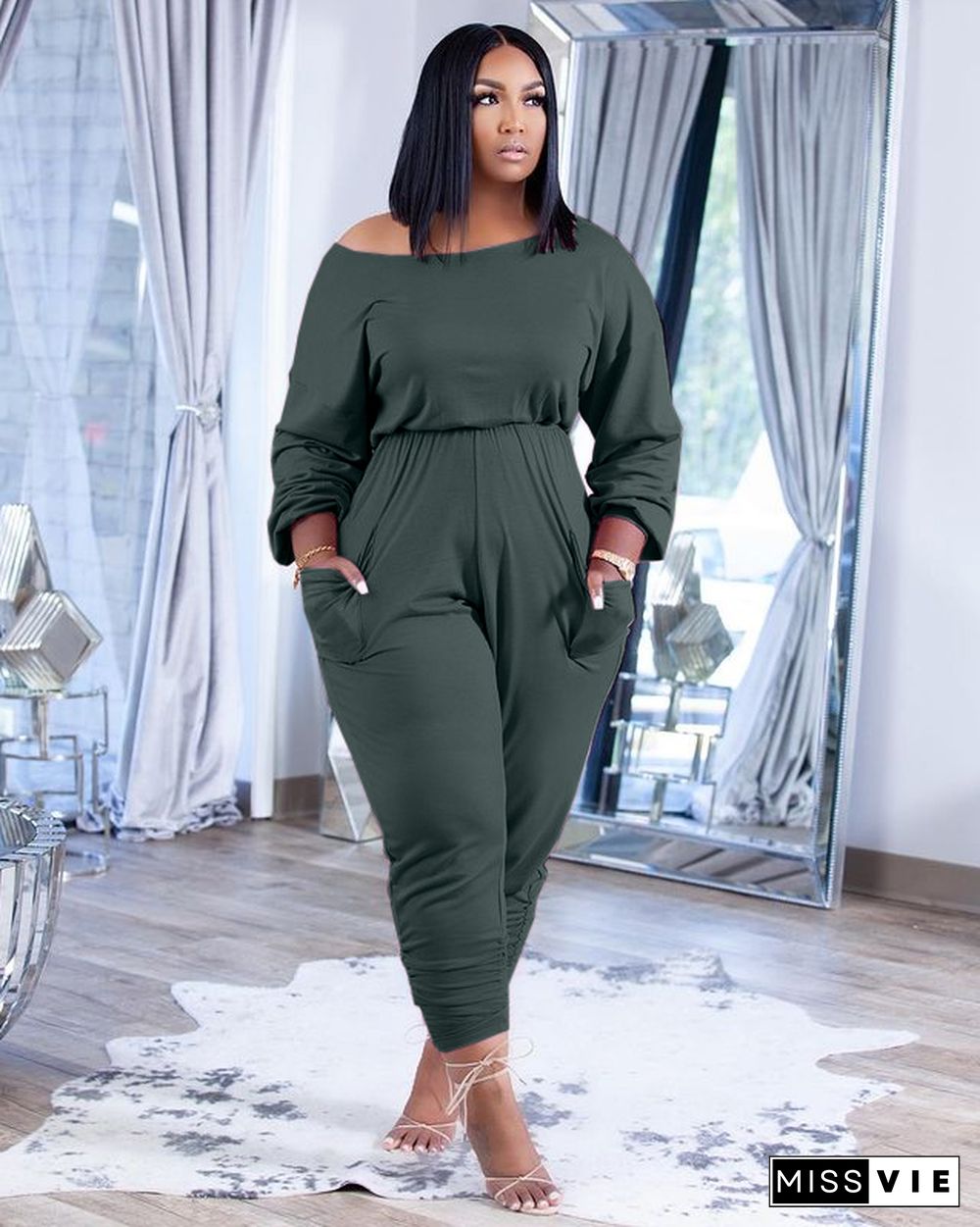 Solid Color Long Sleeve Loose Fit Jumpsuit