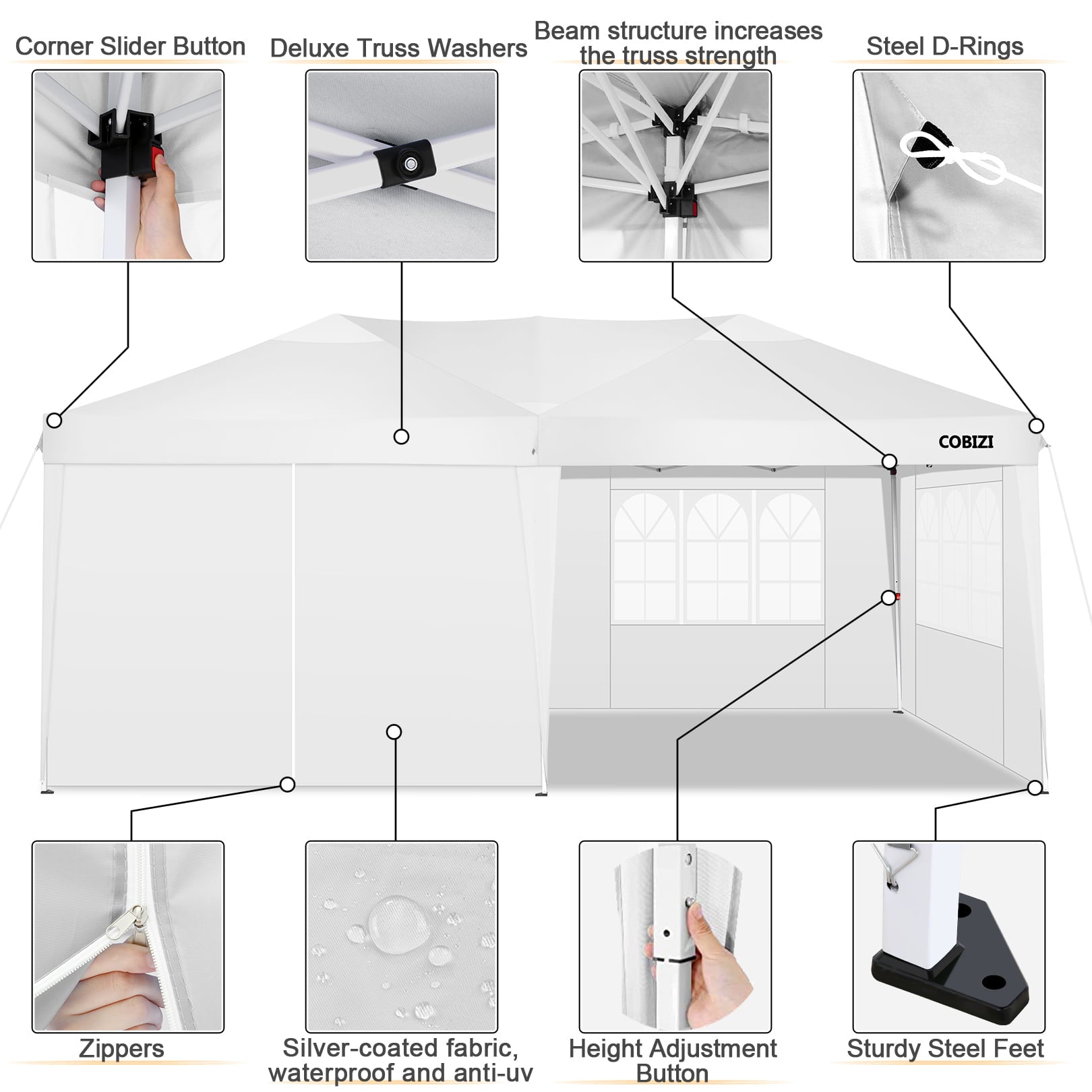 10 x 20ft Pop Up Canopy Tent Instant Outdoor Party Canopy Straight Leg Commercial Gazebo Tent Shelter with 6 Removable Sidewalls and Carrying Bag, White