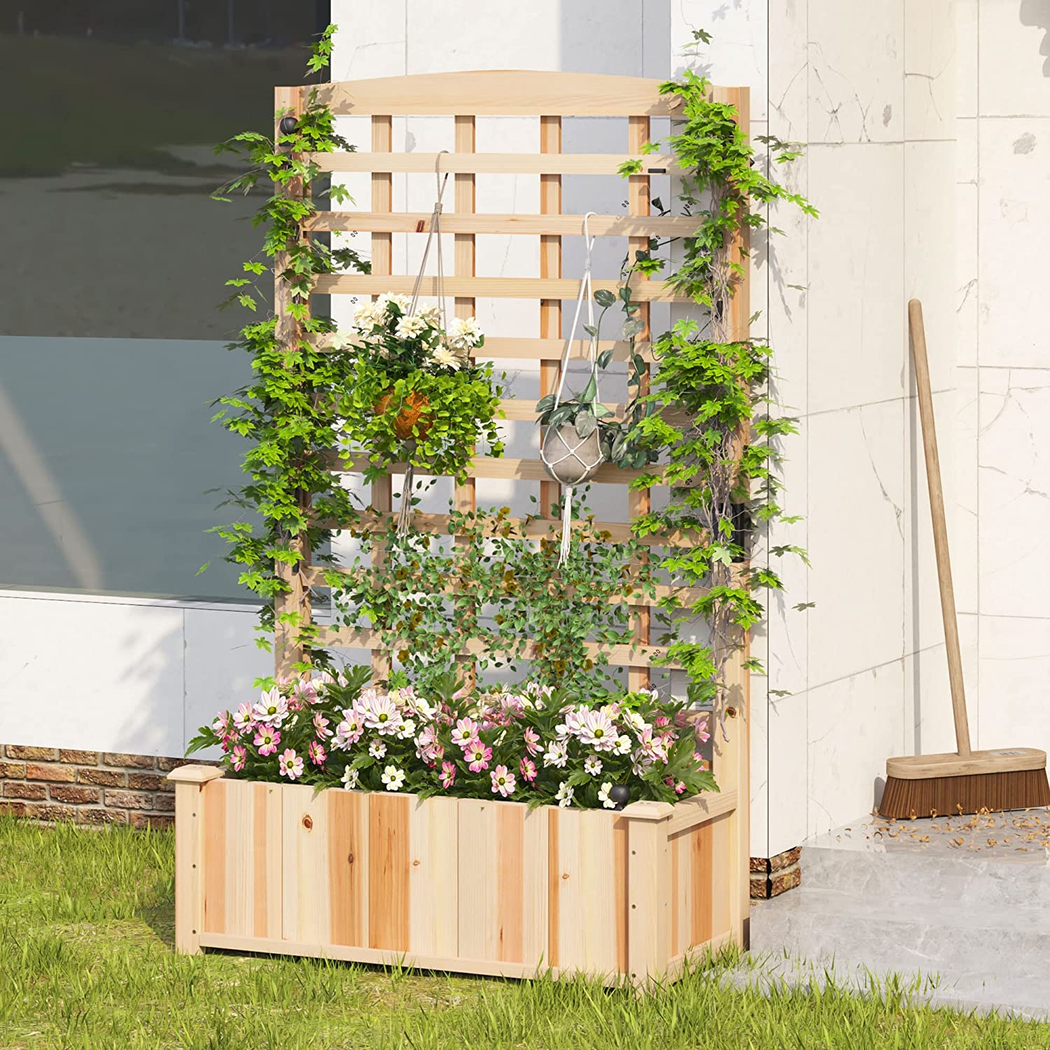 SogesPower Raised Garden Bed with Trellis, Wood Elevated Planter Box with Climbing Trellis, 60