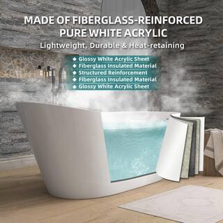 Zeafive 59 in. x 29.15 in. Acrylic Alone Soaking Tub Flatbottom Freestanding Bathtub with Anti-Clogging Drain in Glossy White Z32E9S59W