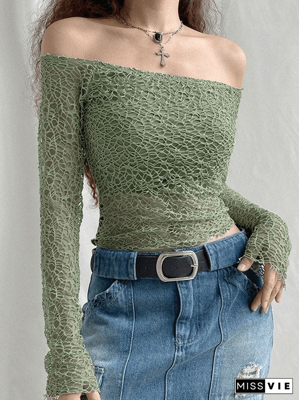 Off Shoulder Mesh Long Sleeve Blouse