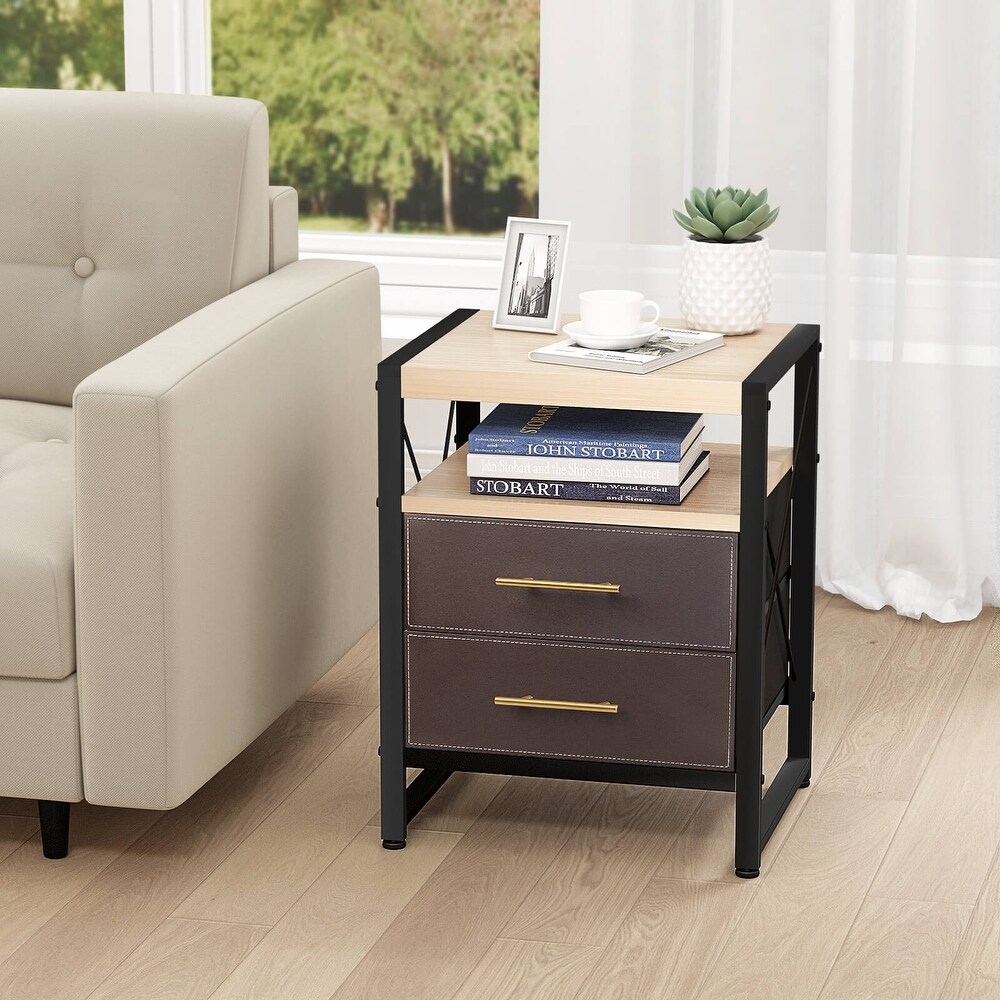 Nightstand End Table w/ 2 Removable Fabric Drawers and Shelf  Black