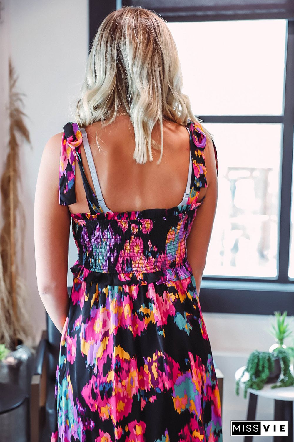 Black Smocked Tie-dye Print Midi Dress