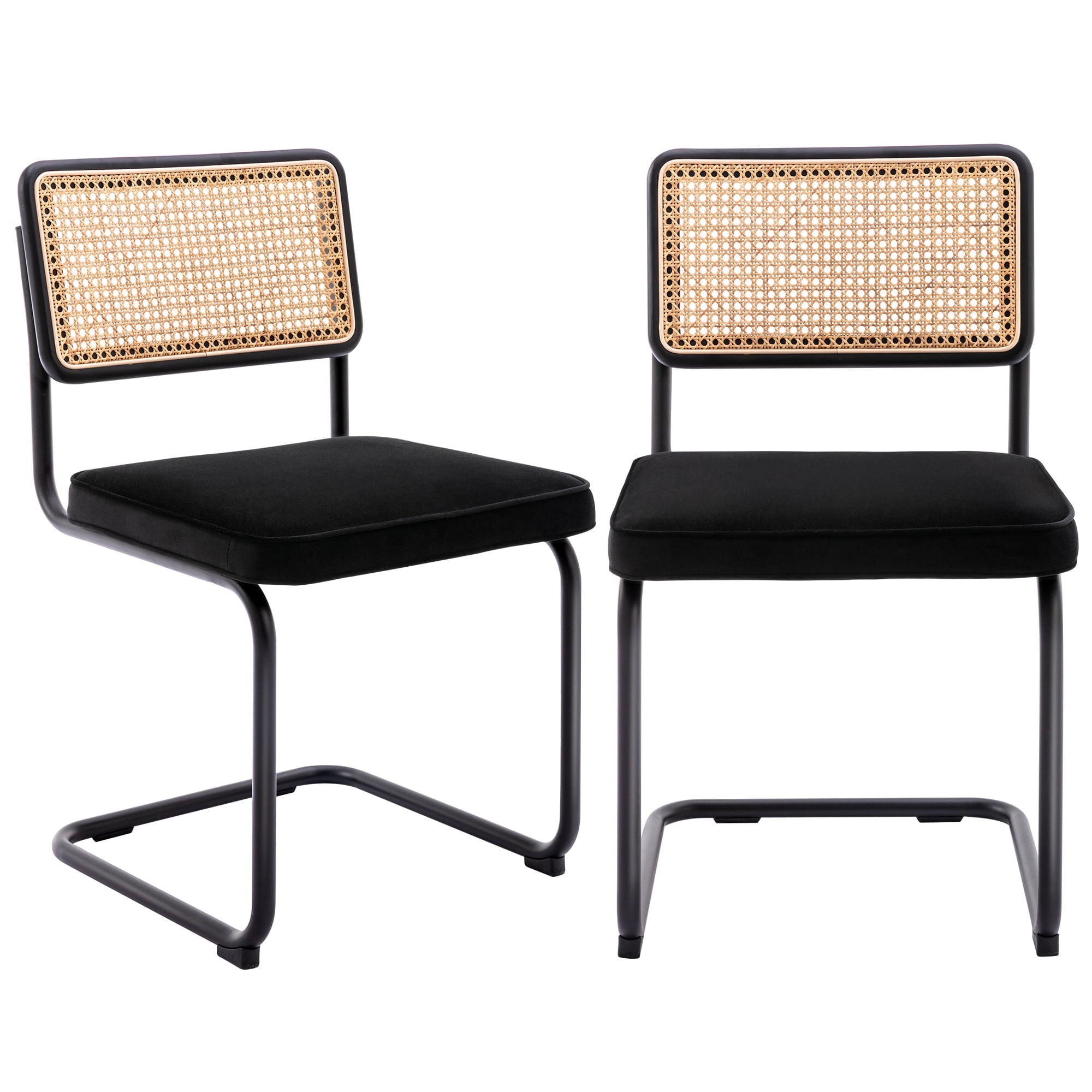 Zesthouse Rattan Dining Chairs Set of 2, Velvet Upholstered Side Chairs with Cane Back and Matte Black Metal Legs, Mid-Century Modern Dining Living Room Kitchen Chairs, Black