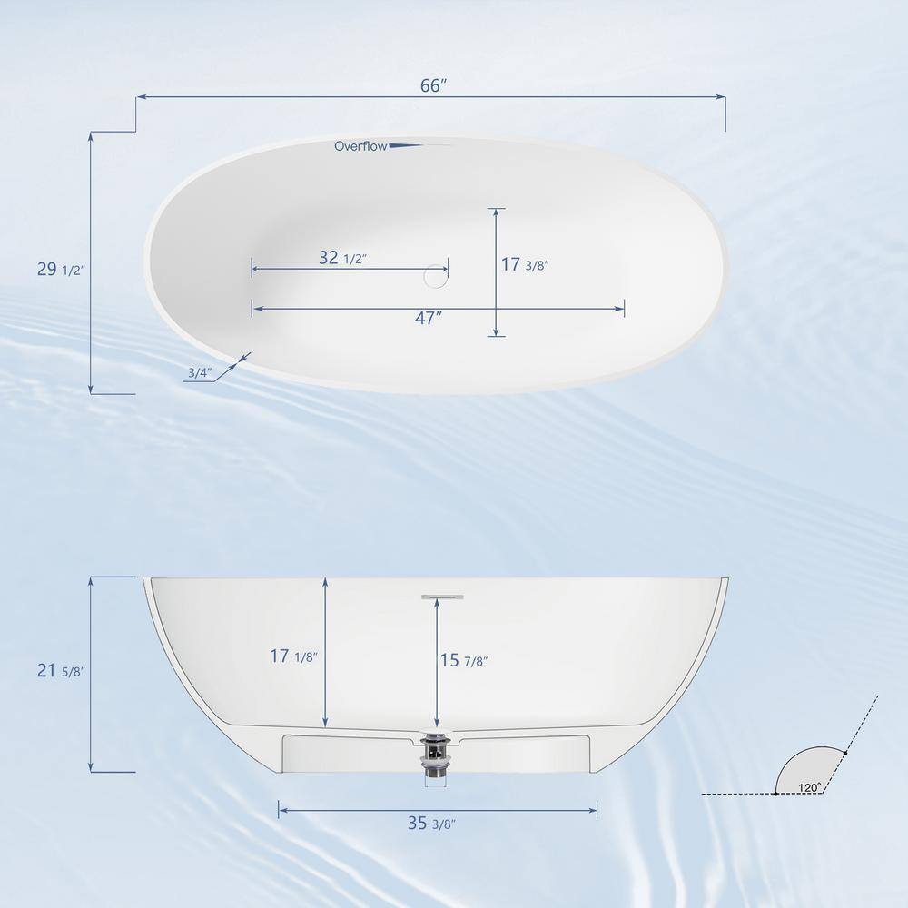 UPIKER 65 in. Stone Resin Oval Flatbottom Non-Whirlpool Freestanding Bathtub Soaking Tub in Matte White UP2212BTS65003