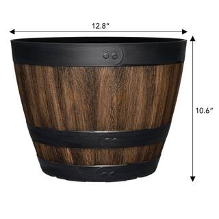 Vigoro 12.8 in. Reedley Medium Kentucky Walnut Brown Resin Barrel Planter (12.8 in. D x 10.5 in. H) HD1403-037R