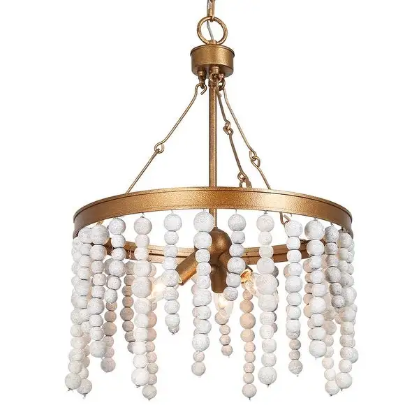 Mid-century Modern 3-light Wood Beads Chandelier Distressed Gold Dimmable Lights - D17