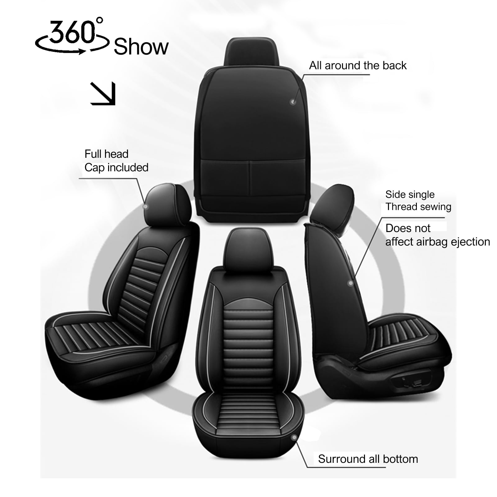 AOMSAZTO Fit Ford Fusion 2010-2020 Black and White Car seat Cover 5-seat Faux Leather Full Set Compatible Airbag