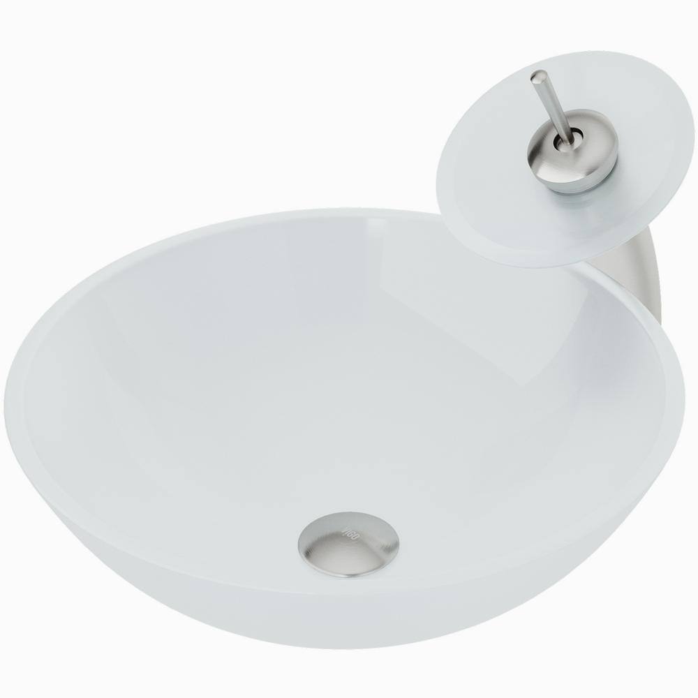 VIGO Glass Round Vessel Bathroom Sink in Frosted White with Waterfall Faucet and Pop-Up Drain in Brushed Nickel VGT036BNRND