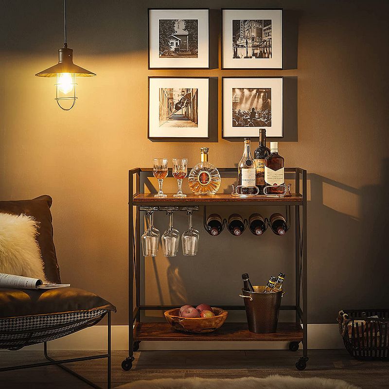 Bar Cart， Serving Cart， Mobile Kitchen Shelf with Glass Stemware Rack and Wine Bottle Holders