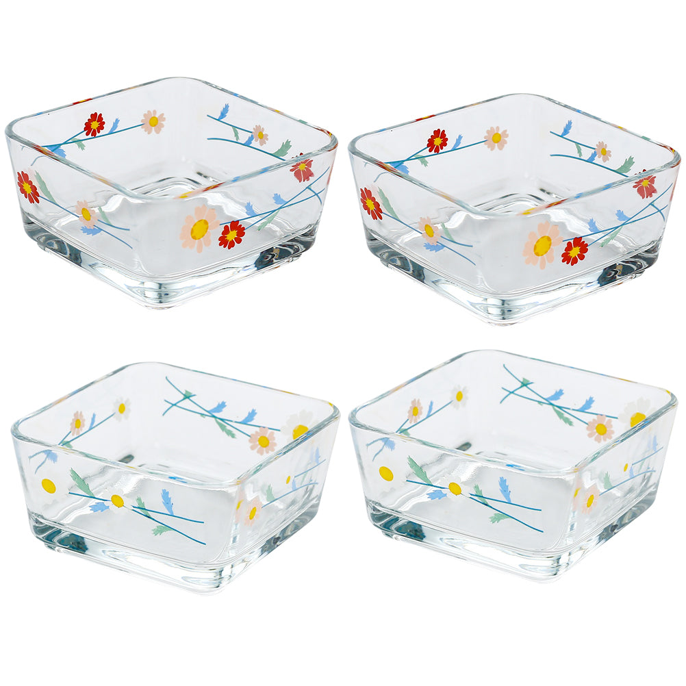 4Pcs Daisy Pattern Glass Bowl Fruits Salad Dessert Bowl Square Bowl