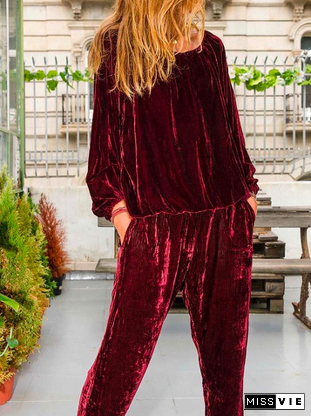 Crew Neck Velvet Loose Jumpsuit & Romper