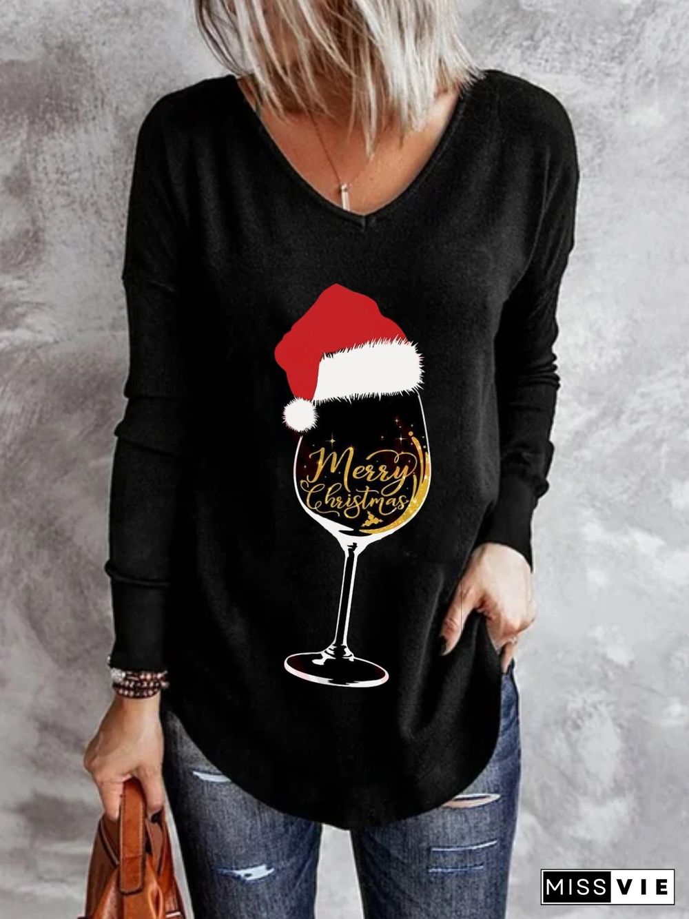 Christmas Xmas Wine Hats Long Sleeve V Neck Plus Size Printed Tops T-shirts