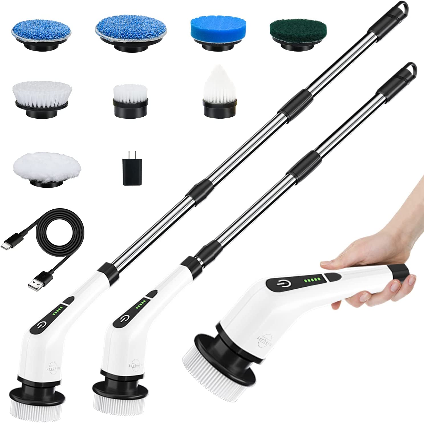 Electric Spin Scrubber， Leebein 2022 New Cordless Cleaning Brush with 8 Replaceable Drill Brush Heads， Tub and Floor Tile 360 Power Scrubber Mop with 54 Inch Adjustable Handle for Bathroom Kitchen Car