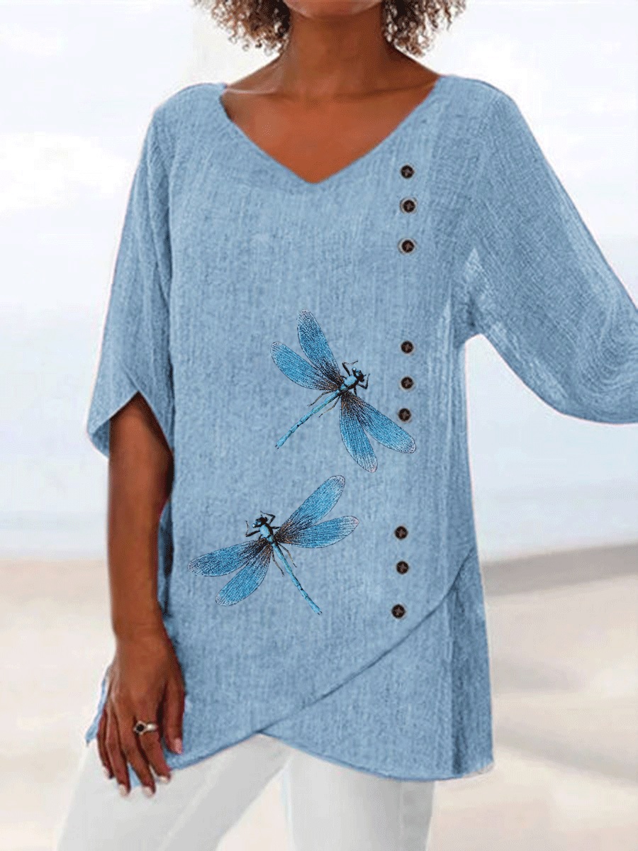 V-neck Dragonfly Print Loose Mid-sleeve Fashion Blouse