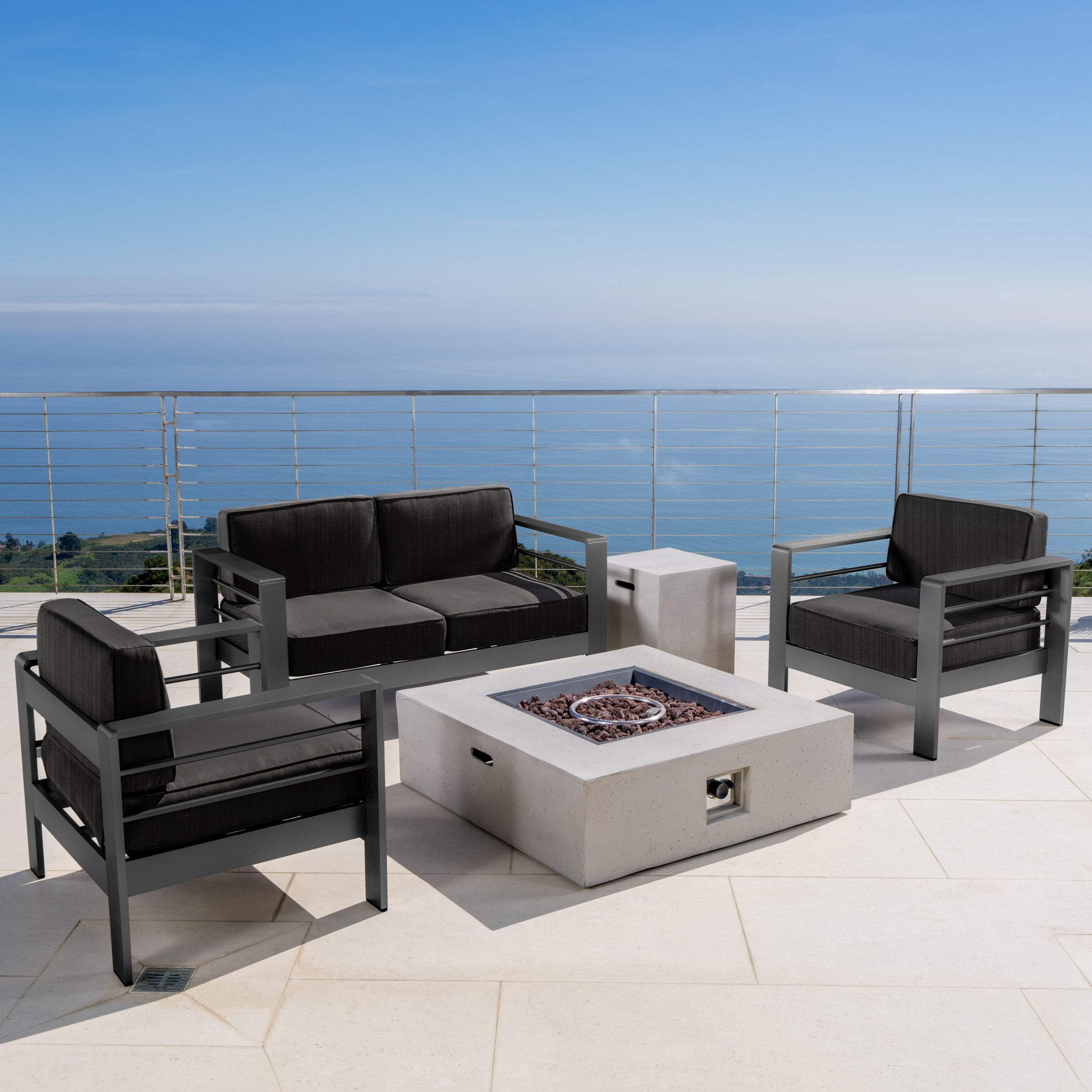 Coral Bay Outdoor Grey Aluminum 5 Piece Loveseat Chat Set with Fire Table