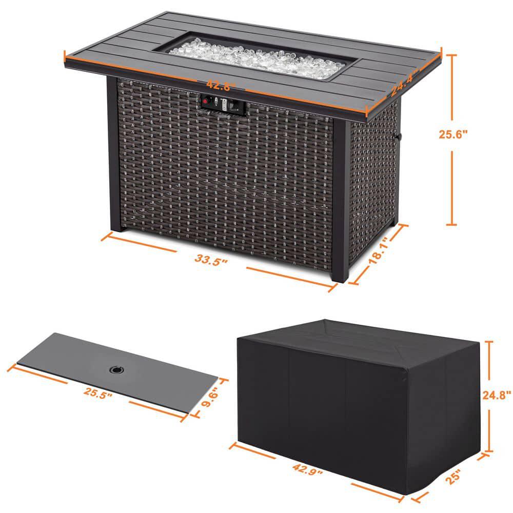 Nuu Garden Brown 43 in 50000 BTU Rectangular Wicker Aluminum Propane Gas Outdoor Fire Pit Table with Removable Lid Fire Glass