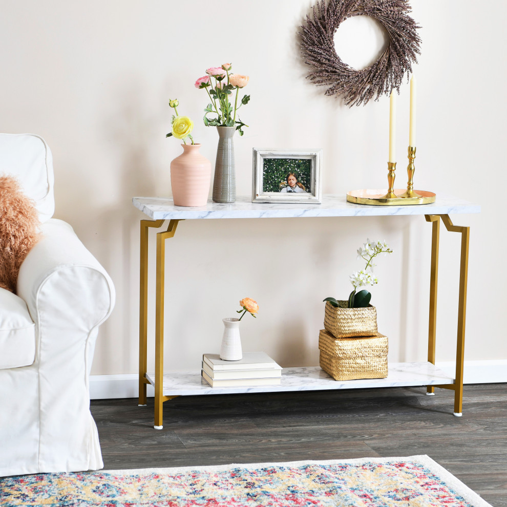 Crown Console Sofa Table  Storage Shelf Rustic Hickory Wood Grain  Black Metal   Contemporary   Console Tables   by Household Essentials  Houzz