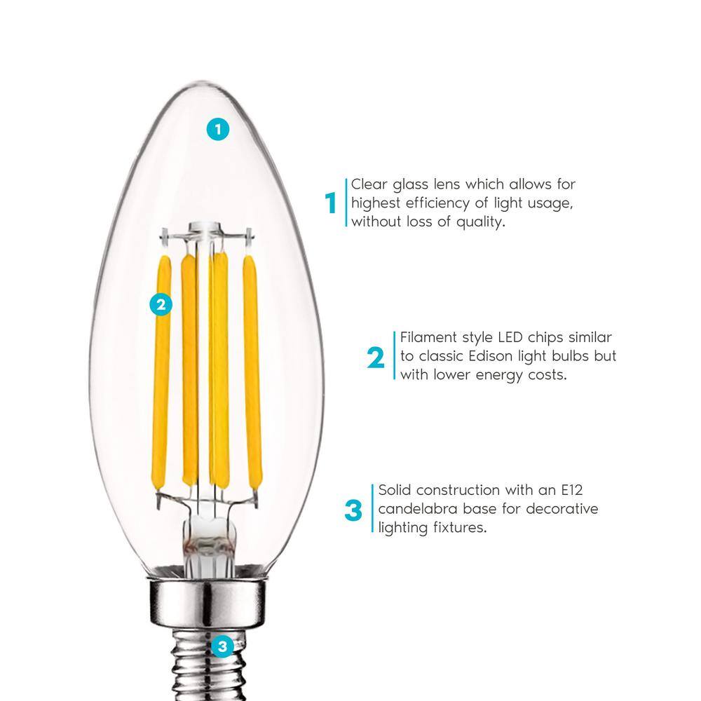 LUXRITE 60-Watt Equivalent B10 Dimmable LED Light Bulbs Clear Glass Filament 2700K Warm White (12-Pack) LR21592-12PK