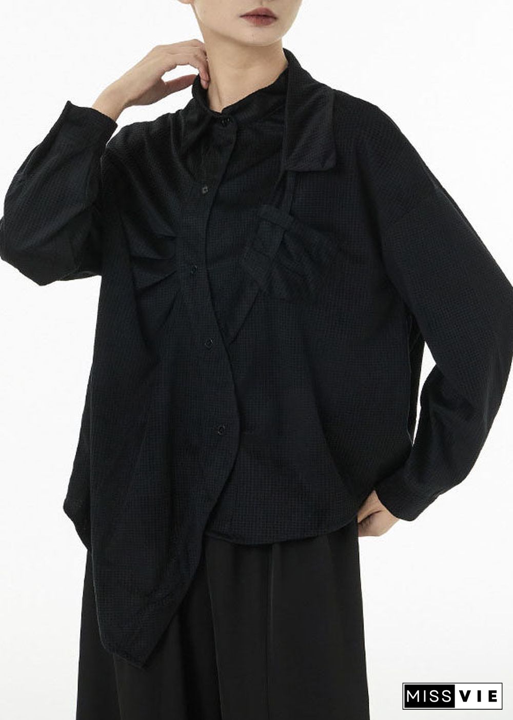 Black Oversized Silk Velour Shirt Top Asymmetrical Design Spring