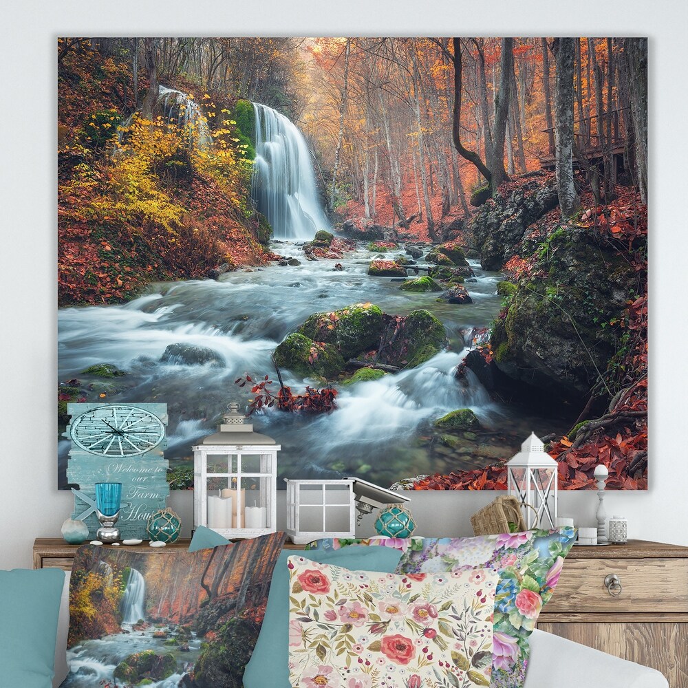 Autumn Mountain Waterfall Long View Landscape Photo Canvas Print   Orange