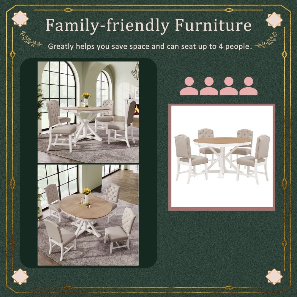 Retro Style Dining Table Set with Extendable Table and 4 Upholstered Chairs