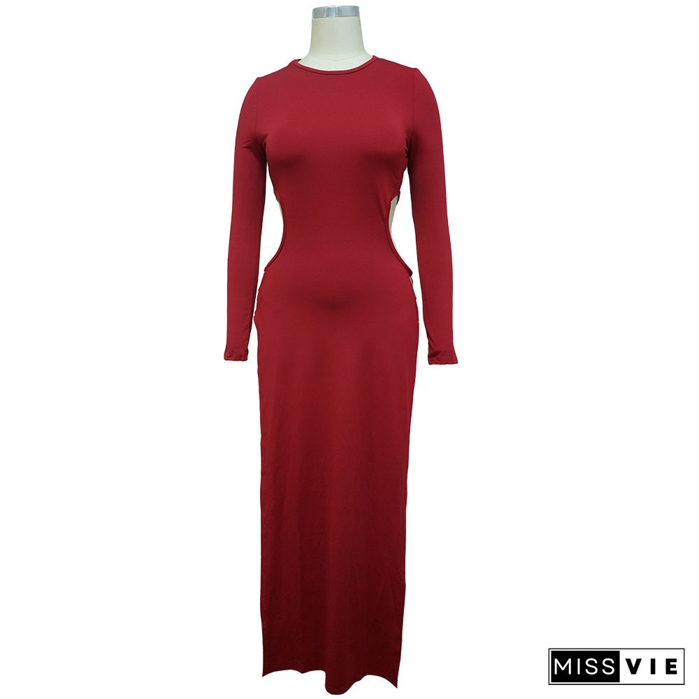 Long Sleeve O Neck Hollow Out Side Slit Dress