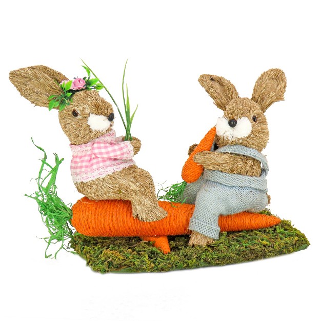 National Tree Company Two Bunnies Table Decoration Two Bunnies Resting On Carrot Artificial Grassy Base Easter Collection 14 Inches