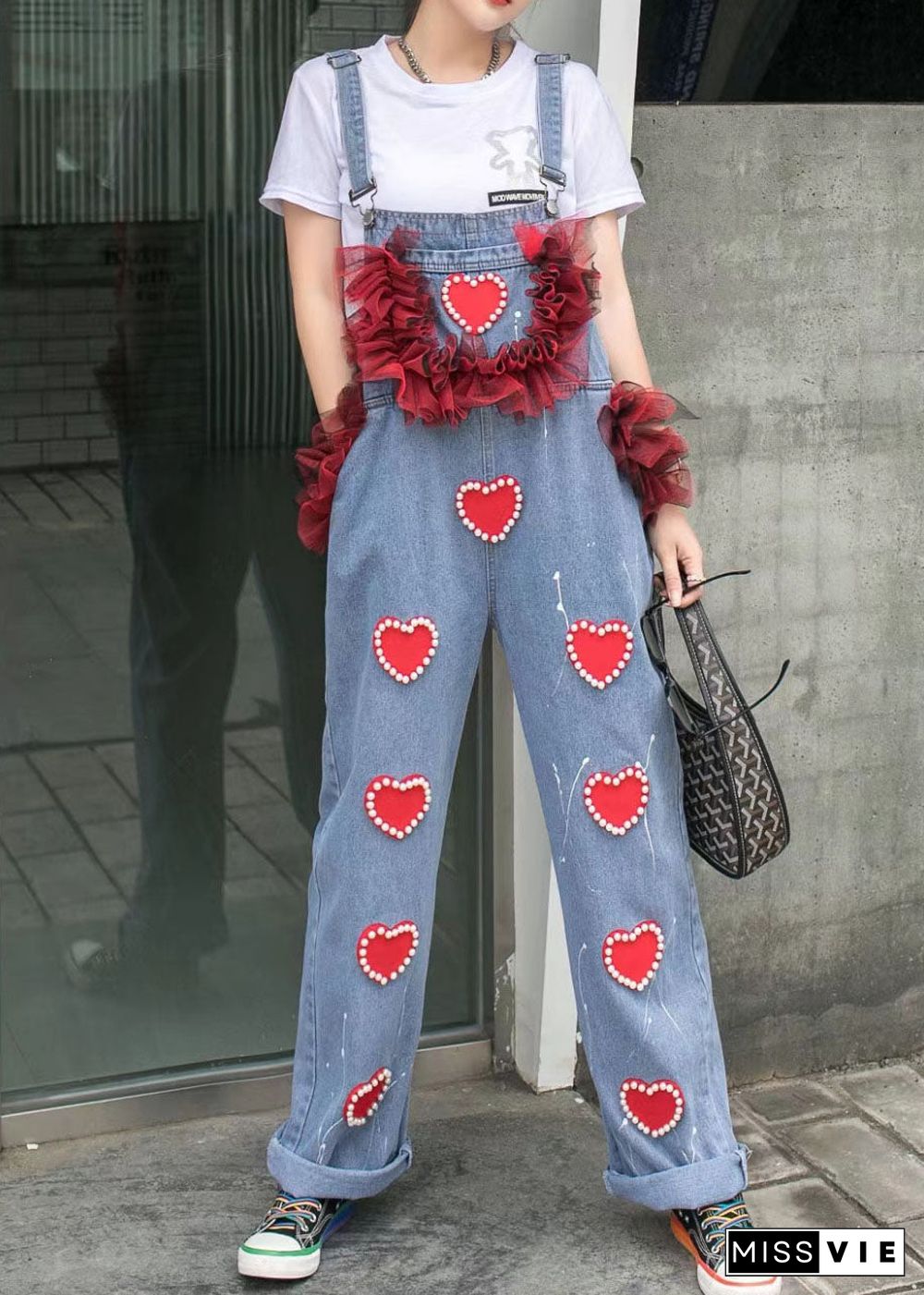 Blue Patchwork Spaghetti Strap Denim Jumpsuits Tulle Ruffled Heart Nail Bead Summer