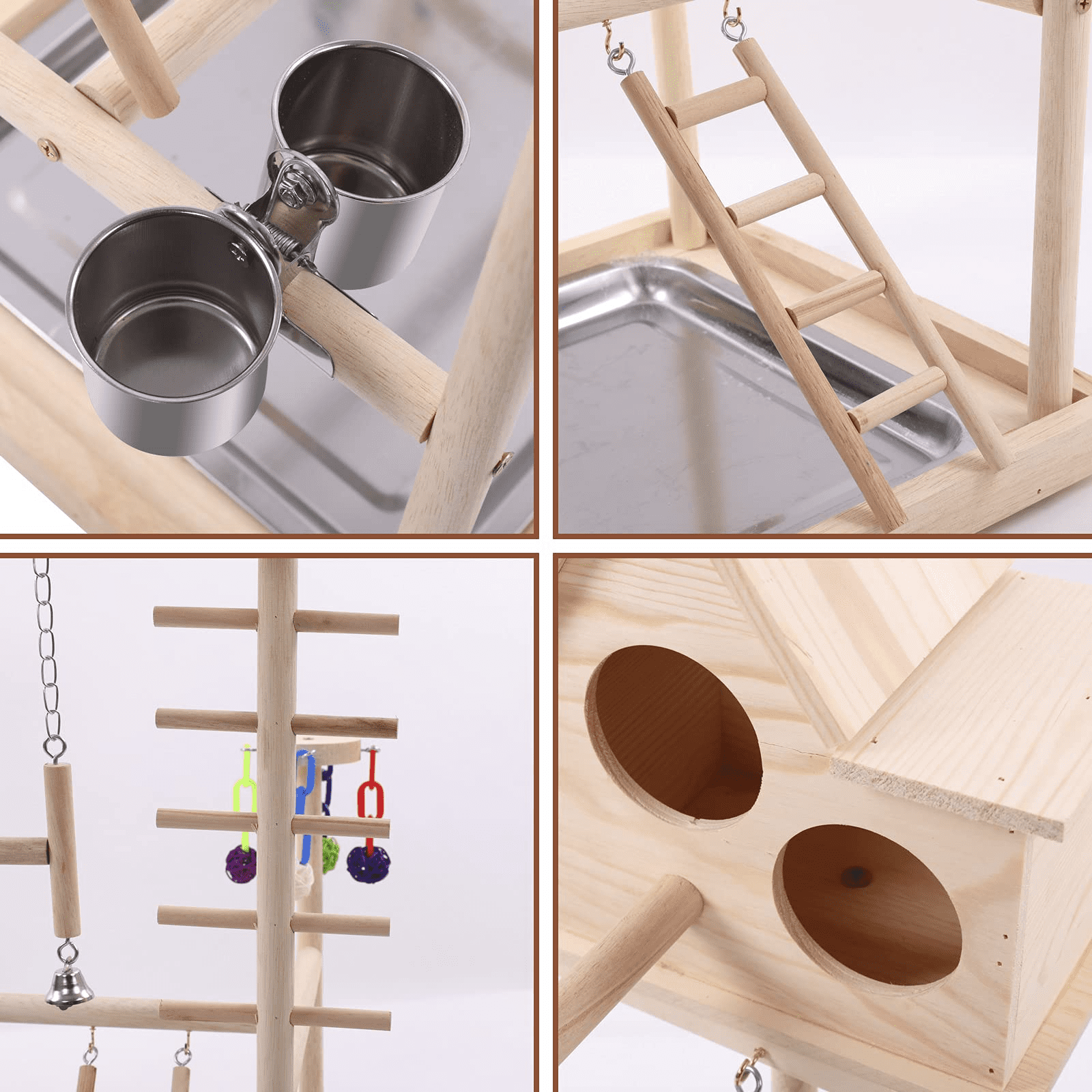 QBLEEV Bird's Nest Bird Perches Play Stand Gym Parrot Playground Play gym Playpen Play stand Swing Bridge Tray Wood Climb Ladders