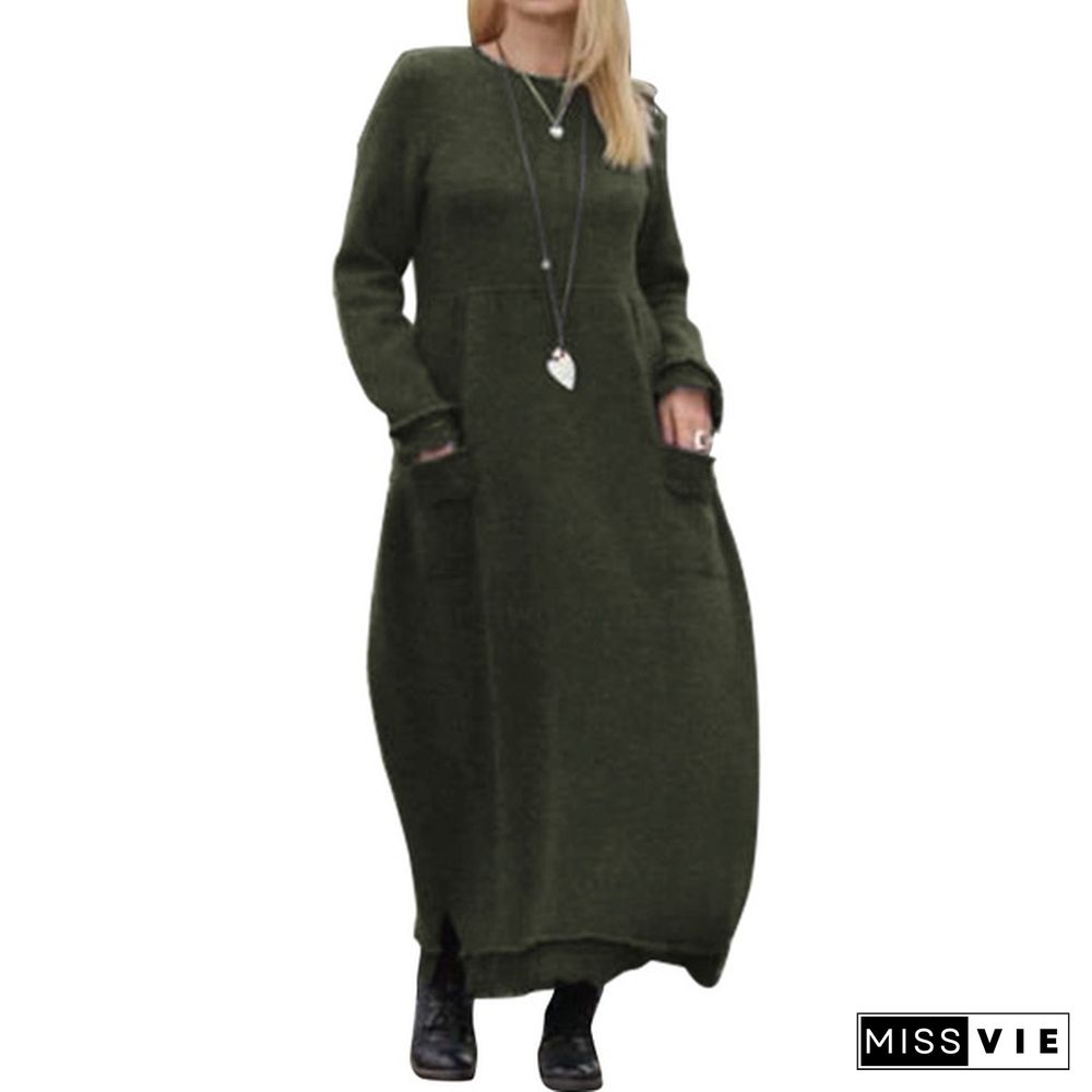 Women Long Sleeve O Neck Pullover Maxi Dresses Solid Color Ladies Loose Tunic Jumper New Fashion