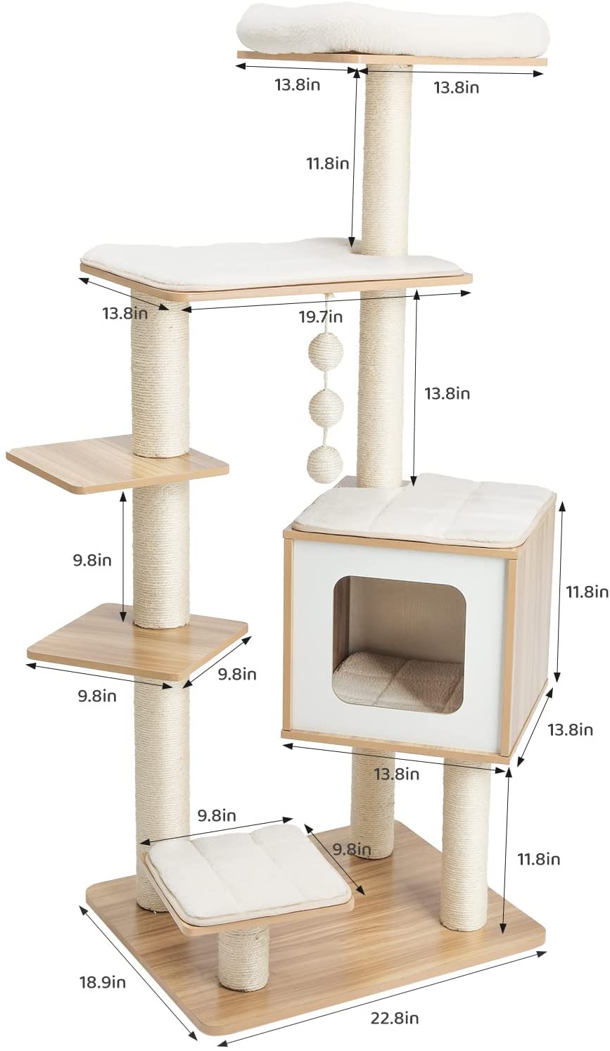 CHIE 55” Tall Modern Cat Tree Tower for Indoor Cats, Wooden Cat Climbing Stand Furniture, 6 Level Platform Cat Activities Condo House w/Scratch Post, Washable Mats&Top Perch, for Kittens&Large Cats