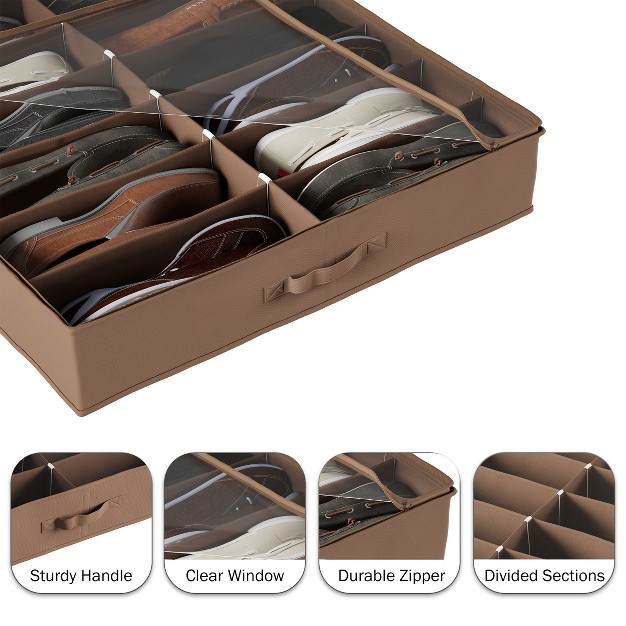 Hastings Home Under bed Shoe Storage Organizer With Clear Plastic Zippered Cover Brown