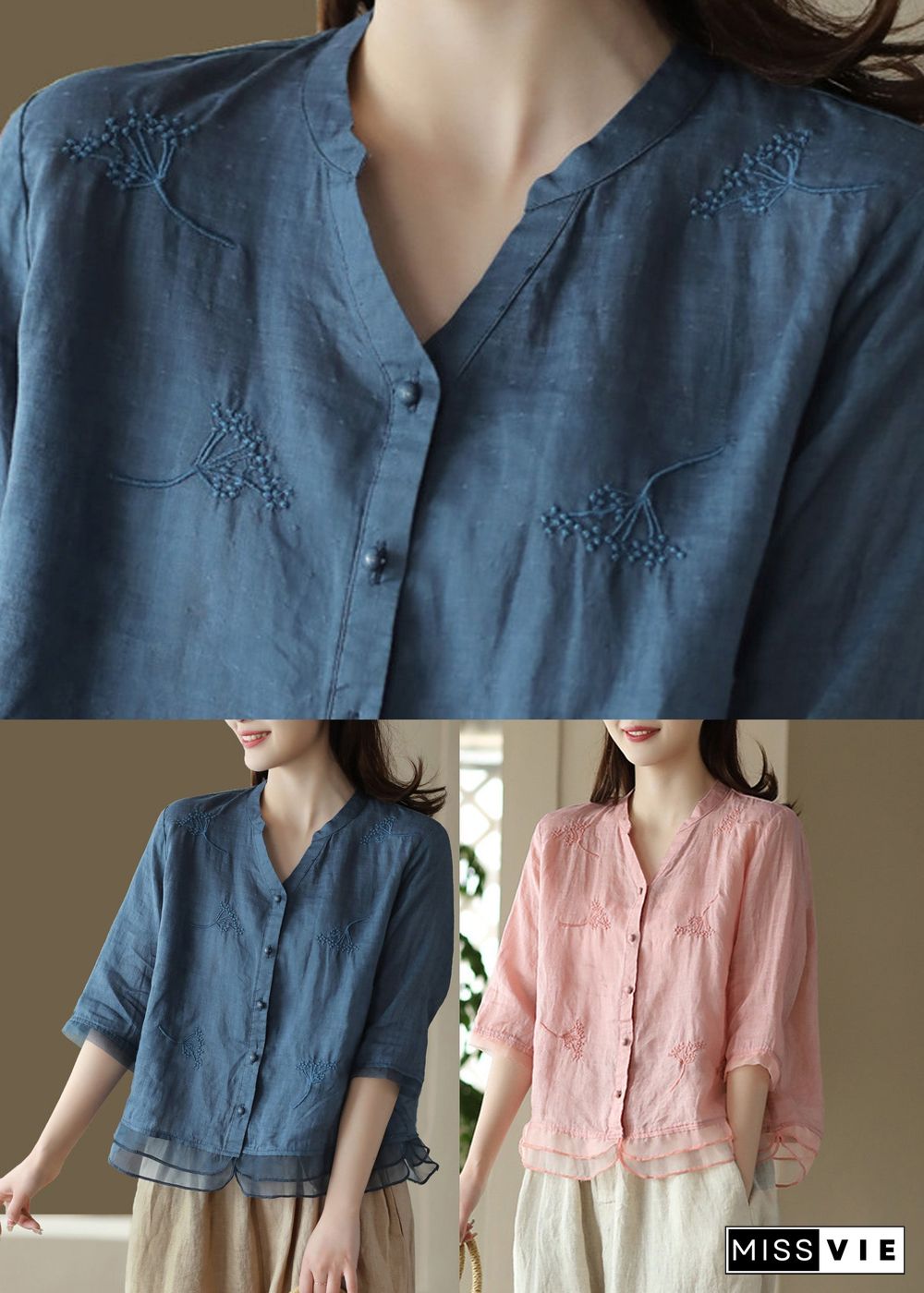 Casual Blue-print2 V Neck Embroideried Solid Ramie Shirt Half Sleeve