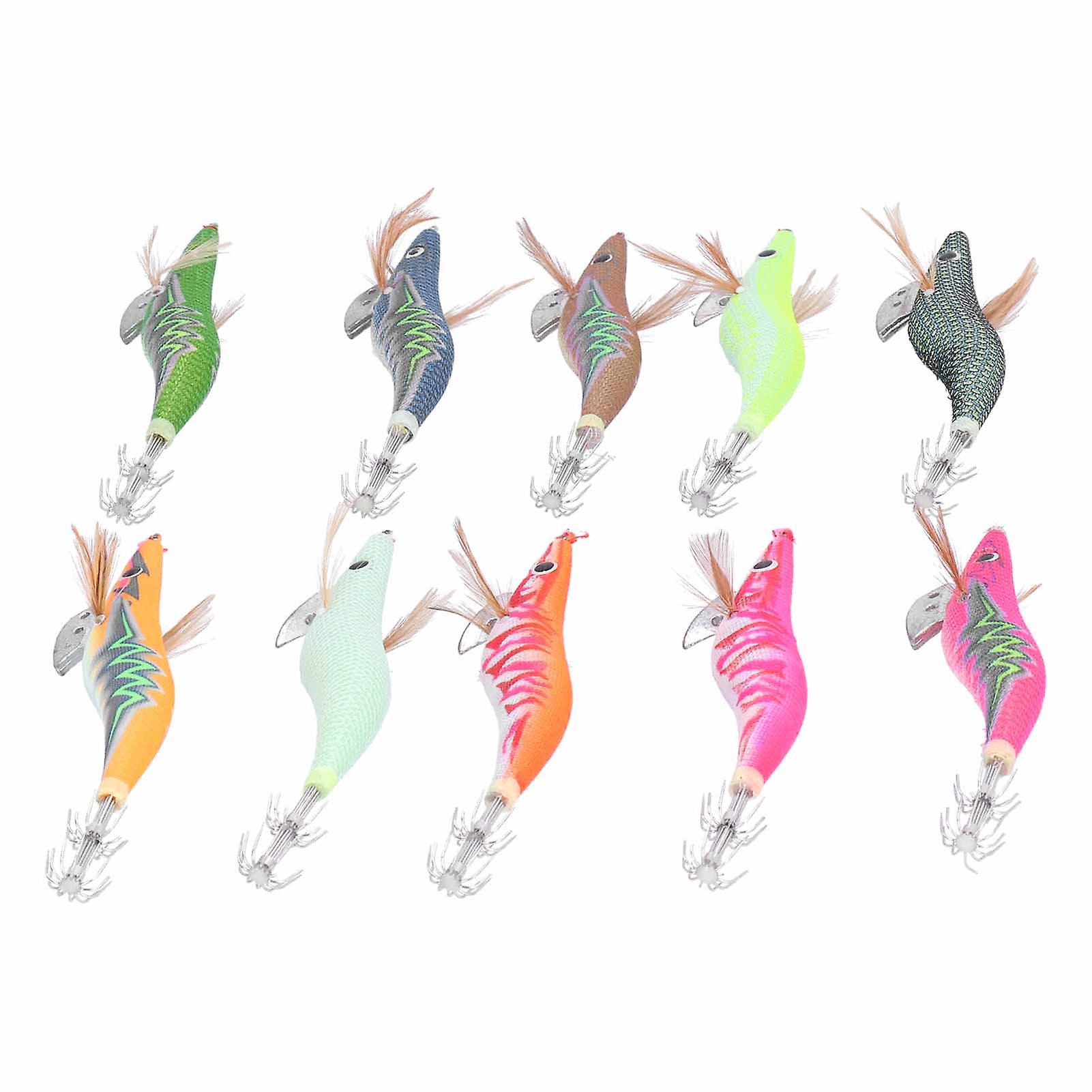 10pcs Squid Jig Hook Hard Fishing Lures Luminous Wood Fishing Shrimps Lure Bait Kit